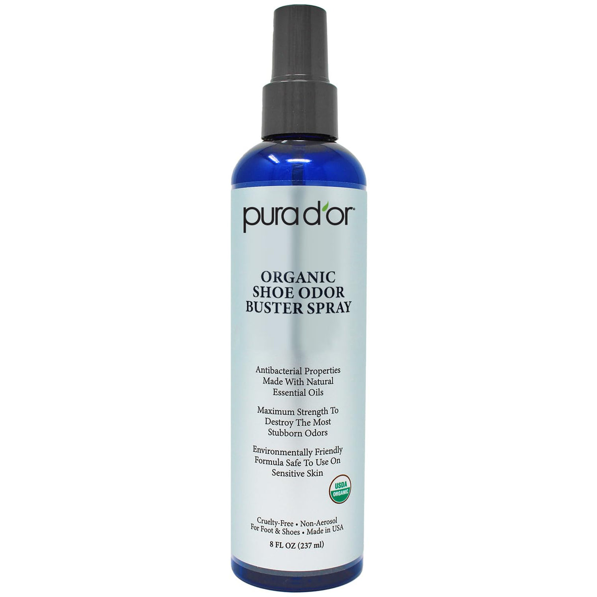 PURA D'OR Organic Shoe & Foot Odor Eliminator Spray (8oz) Deodorizes & Removes Bad Smells with Eucalyptus, Peppermint, Tea Tree, Lemongrass Essential Oil, Maximum Strength (Packaging may vary)