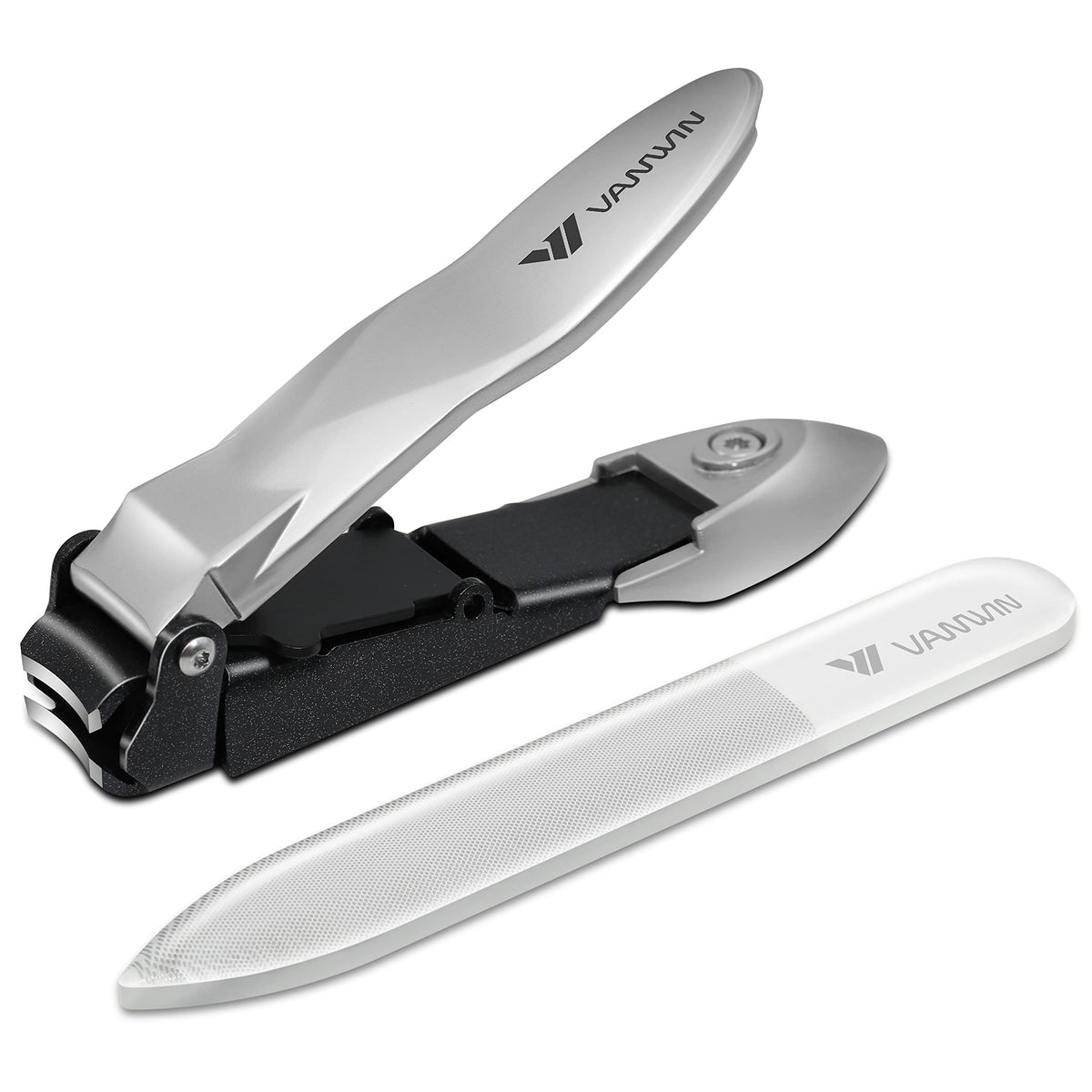 Nail Clippers with Catcher, No Splash Fingernail Toenail Clippers with Sharp Curved Blade and Glass Nail File, Wide Jaw Opening Stainless Steel Nail Cutter Trimmer for Seniors Adult Men Women