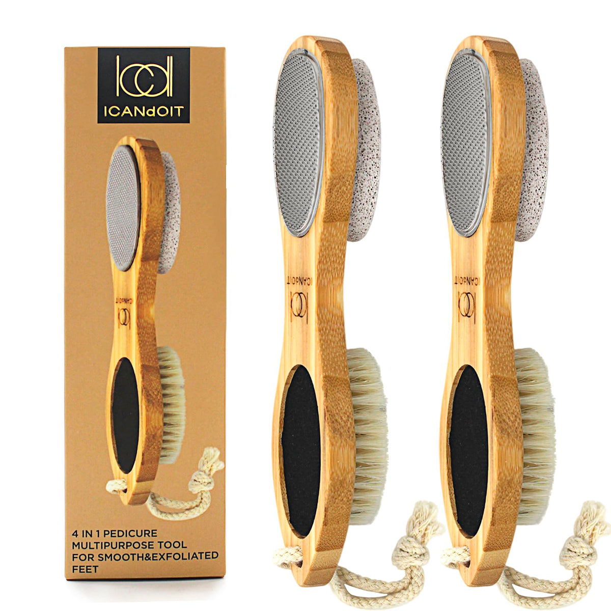 ICANdOIT 4 in 1 Bamboo Foot File Callus Remover Pedicure Scrubber Brush