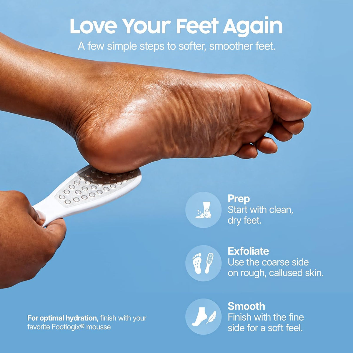 Footlogix Double-Sided Stainless Steel Foot File with Rubberized Handle – Coarse & Fine Grit Foot Exfoliator for Dry, Rough Skin | Professional Pedicure Tool | Lightweight, Easy to Clean