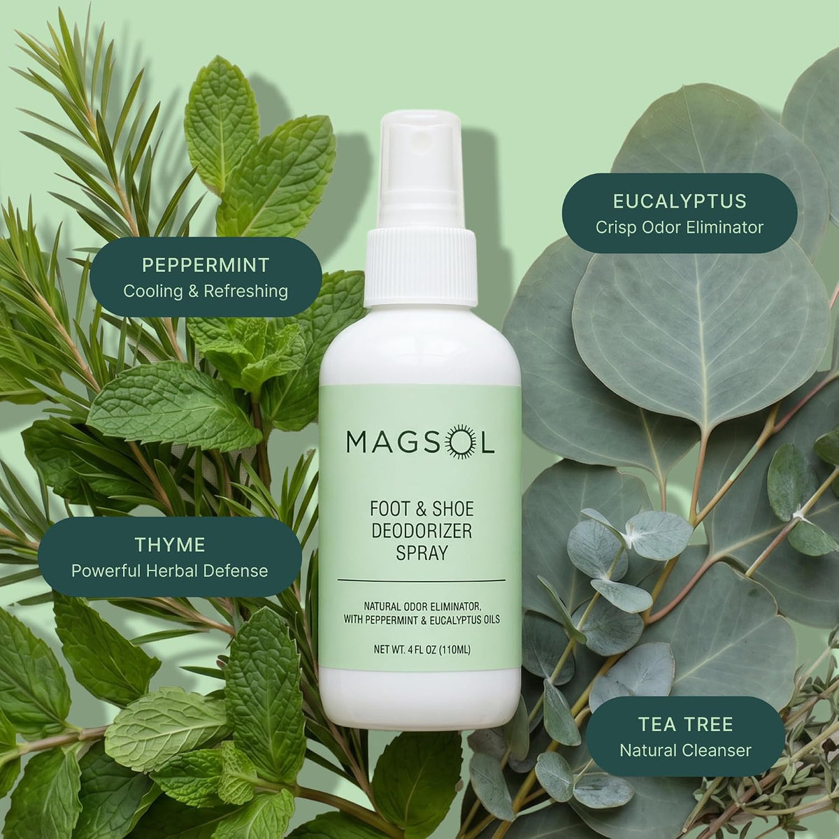 Magsol Natural Shoe Deodorizer & Foot Spray, Peppermint, Tea Tree & Eucalyptus Essential Oil Odor Eliminator for Sneakers, Work Boots & Gym Bags, Fast-Acting Foot Deodorant, 4 Fl Oz