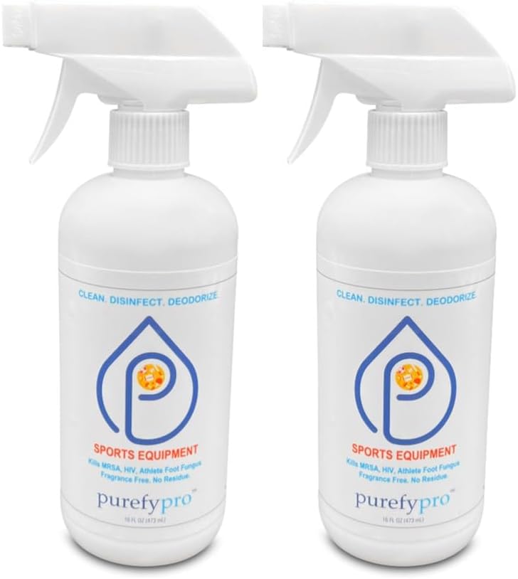 Purefypro Sports Equipment Disinfectant Spray (16oz, 2pk) Kills 99.9999% MRSA, HIV, Athlete Foot Fungus, Virus, Fungi. No Residue. Great For Sports Pads, Yoga Mats, Shoes, Boxing Gloves, Gym Equipment