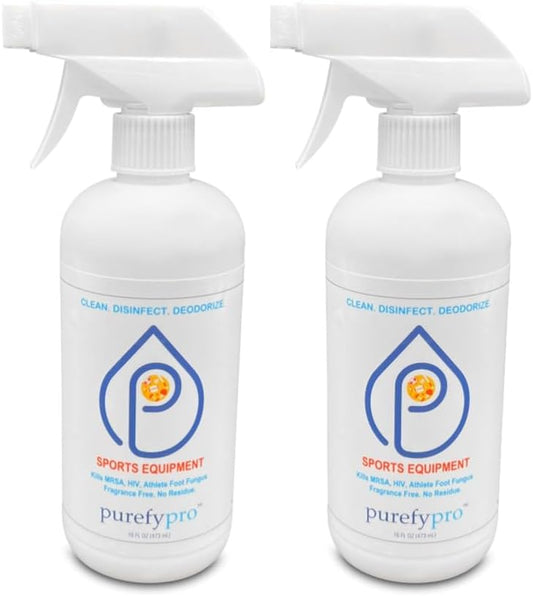 Purefypro Sports Equipment Disinfectant Spray (16oz, 2pk) Kills 99.9999% MRSA, HIV, Athlete Foot Fungus, Virus, Fungi. No Residue. Great For Sports Pads, Yoga Mats, Shoes, Boxing Gloves, Gym Equipment