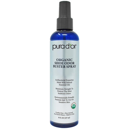 PURA D'OR Organic Shoe & Foot Odor Eliminator Spray (8oz) Deodorizes & Removes Bad Smells with Eucalyptus, Peppermint, Tea Tree, Lemongrass Essential Oil, Maximum Strength (Packaging may vary)