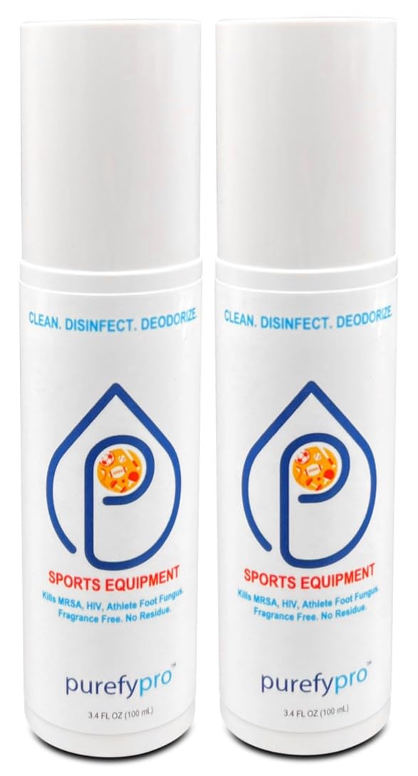 Purefypro Sports Equipment Disinfectant Spray - (4oz, 2pk) Kills 99.9999% MRSA, HIV, Athlete Foot Fungus, Virus and Fungi. No Rinse, No Residue. Sports Pads, Yoga Mats, Shoes, Boxing Gloves Euipment