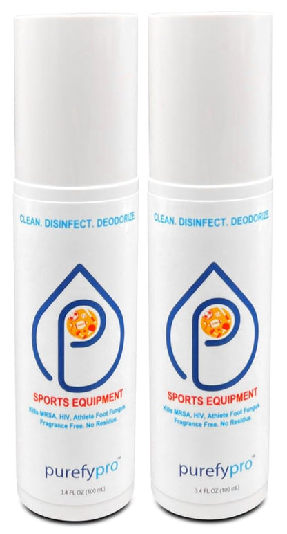 Purefypro Sports Equipment Disinfectant Spray - (4oz, 2pk) Kills 99.9999% MRSA, HIV, Athlete Foot Fungus, Virus and Fungi. No Rinse, No Residue. Sports Pads, Yoga Mats, Shoes, Boxing Gloves Euipment
