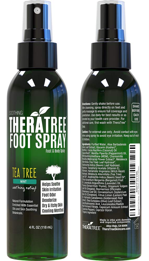 TheraTree Tea Tree Oil Foot Spray Shoe Deodorant, Neem MSM, Menthol, 4Fl Oz