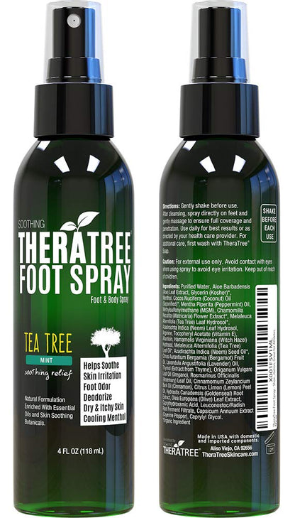 TheraTree Tea Tree Oil Foot Spray Shoe Deodorant, Neem MSM, Menthol, 4Fl Oz