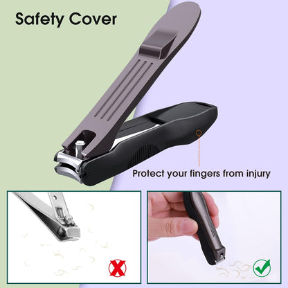 GLAMFIELDS Nail Clippers with No Splash Storage Box, Large Fingernail Toenail Clipper Detachable Easy Clean Nail Cutter Trimmer with Nail Files for Men & Women, Leather Case Packed Black (1 Pack)