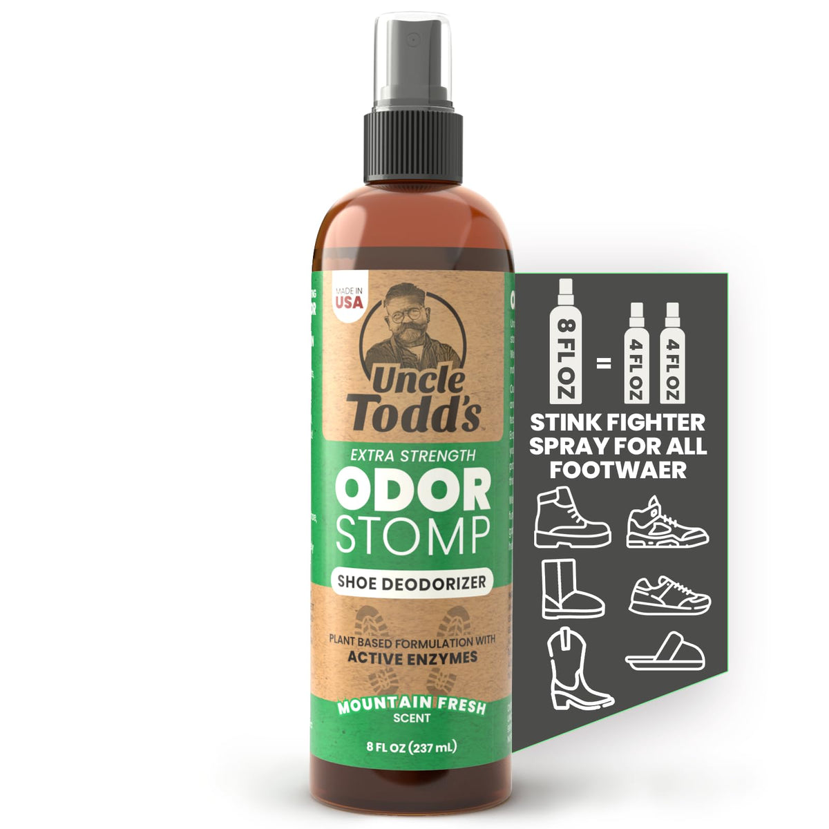 Uncle Todd's Odor Stomp Shoe Deodorizer 2-Pack - Proven & Powerful Enzyme Shoe Spray for Odor Elimination in All Footwear