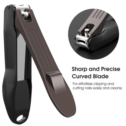 GLAMFIELDS Nail Clippers with No Splash Storage Box, Large Fingernail Toenail Clipper Detachable Easy Clean Nail Cutter Trimmer with Nail Files for Men & Women, Leather Case Packed Black (1 Pack)