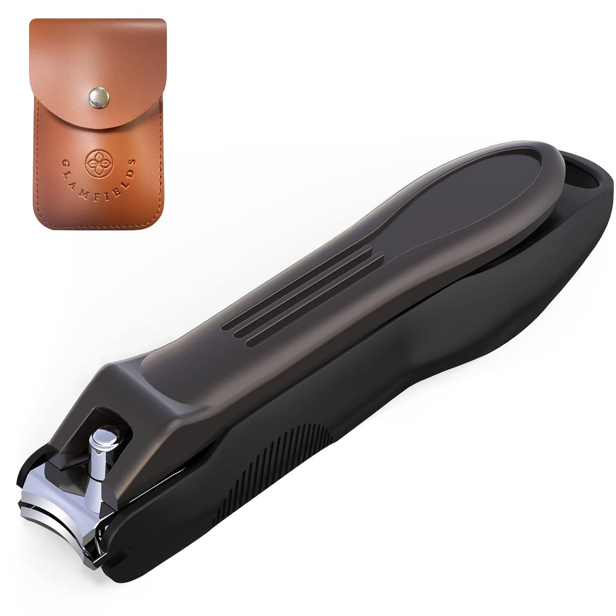 GLAMFIELDS Nail Clippers with No Splash Storage Box, Large Fingernail Toenail Clipper Detachable Easy Clean Nail Cutter Trimmer with Nail Files for Men & Women, Leather Case Packed Black (1 Pack)