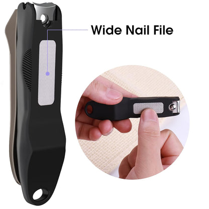 GLAMFIELDS Nail Clippers with No Splash Storage Box, Large Fingernail Toenail Clipper Detachable Easy Clean Nail Cutter Trimmer with Nail Files for Men & Women, Leather Case Packed Black (1 Pack)