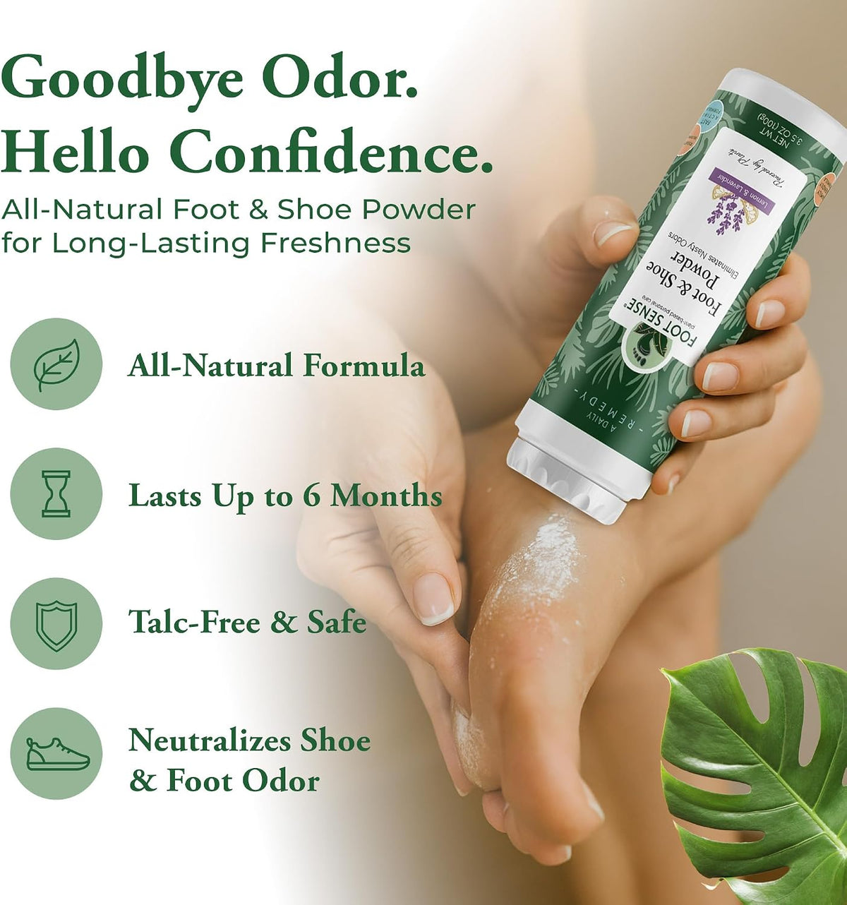 FOOT SENSE All Natural Foot & Shoe Powder, Foot Deodorant, Talc-Free, Odor Eliminator, Disinfects & Deodorizes, Long-Lasting up to 6 Months Safe for Men, Women, Kids, Athletes, 100g (2 Pack)