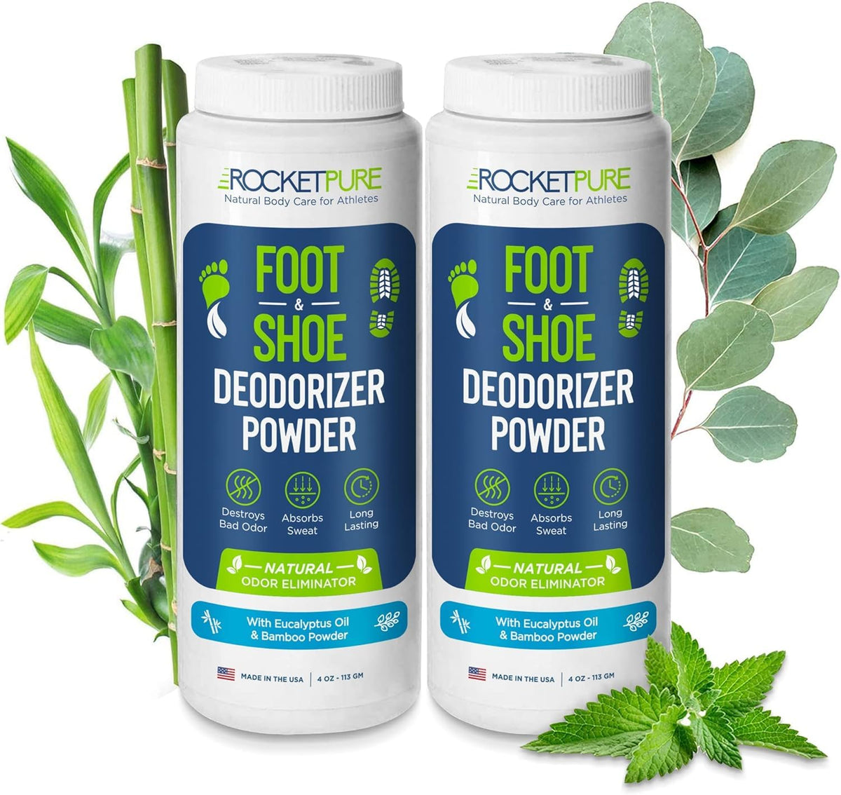 Rocket Pure Natural Foot and Shoe Deodorizer Powder, Eucalyptus, Pack of 2