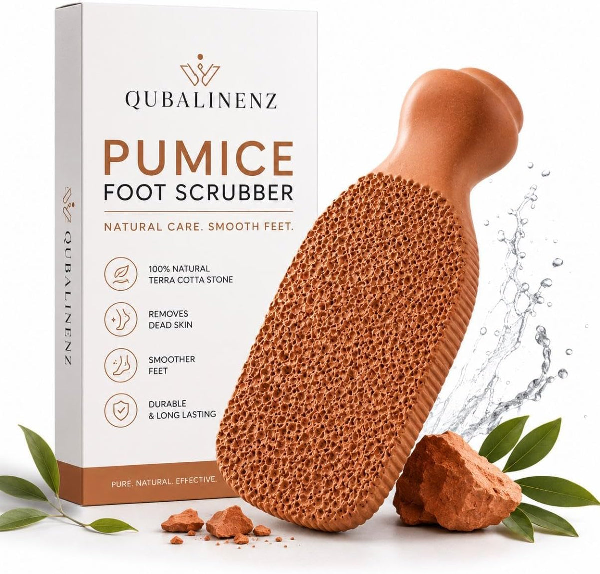 QUBA LINEN Pumice Stone for Feet – 2-Sided Terra Cotta Foot Scrubber, Natural Callus Remover for Dry Skin & Rough Heels, Cracked Heels – Pedicure Exfoliator for Feet Hands Body