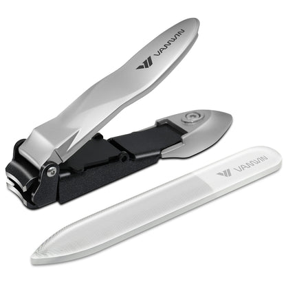 Nail Clippers with Catcher, No Splash Fingernail Toenail Clippers with Sharp Curved Blade and Glass Nail File, Wide Jaw Opening Stainless Steel Nail Cutter Trimmer for Seniors Adult Men Women