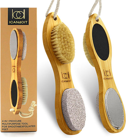 ICANdOIT 4 in 1 Bamboo Foot File Callus Remover Pedicure Scrubber Brush
