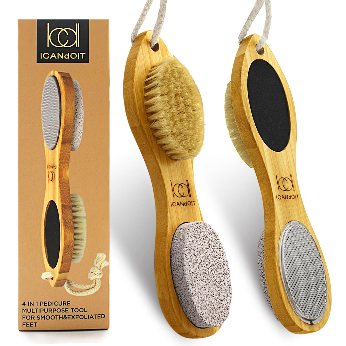 ICANdOIT 4 in 1 Bamboo Foot File Callus Remover Pedicure Scrubber Brush