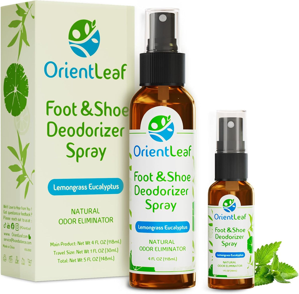ORIENTLEAF Shoe Deodorizer Spray, Shoe Odor Eliminator for Smelly Shoes, Men, Women, Teenagers, 4 Fl Oz & 1 Fl Oz, Travel Essentials Refresher Spray, Eucalyptus Lemongrass