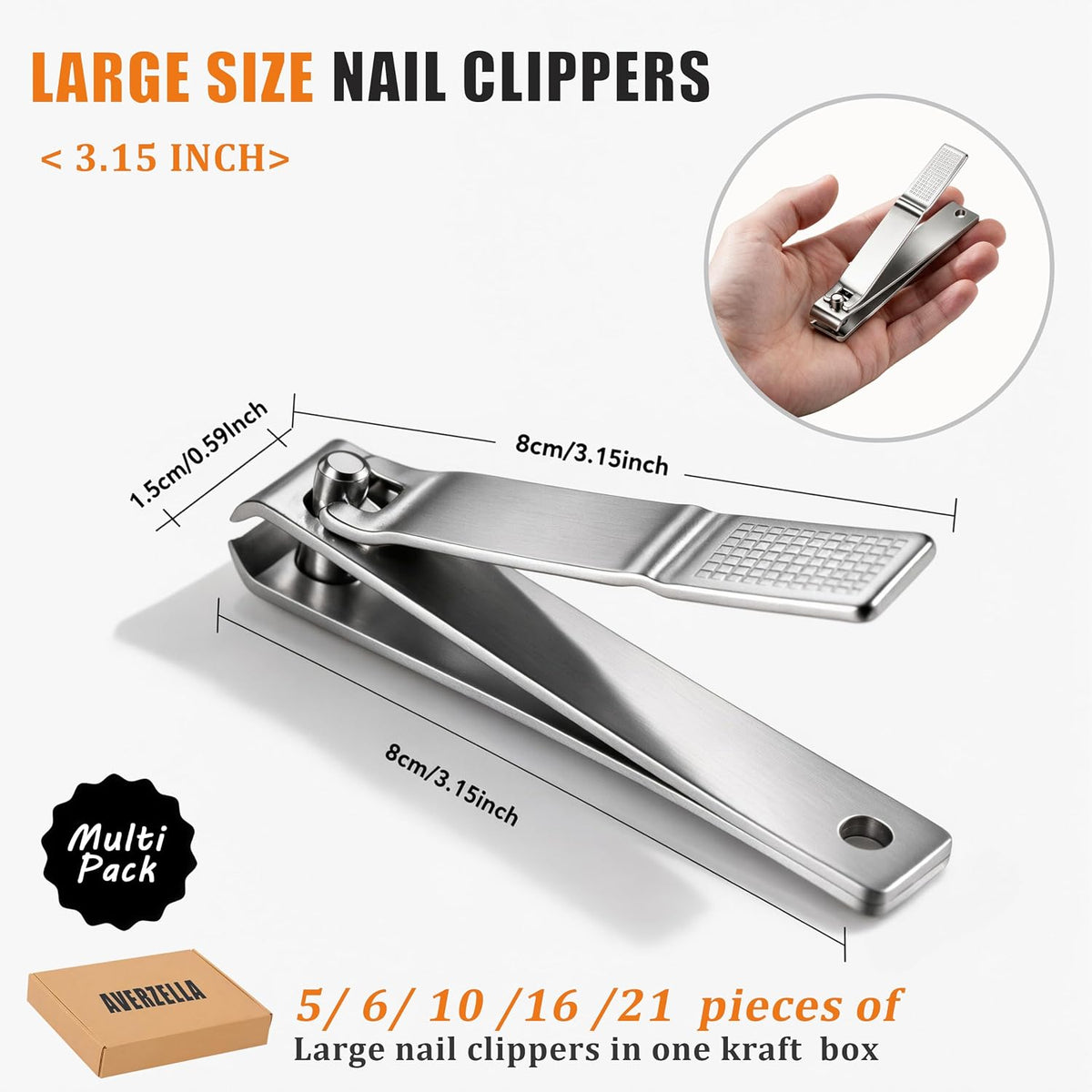 5-Pack Large Toenail Clippers Straight Edge, 3.15 inch Silver