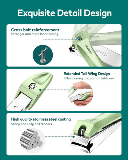 MR.GREEN Nail Clippers with Nail File,Anti Splash Nail Clipper Set for Thick Nails,Medical Grade Stainless Steel Professional Nail Cutter,Sharp and Durable fingernail Clipper for Men and Women(Green)