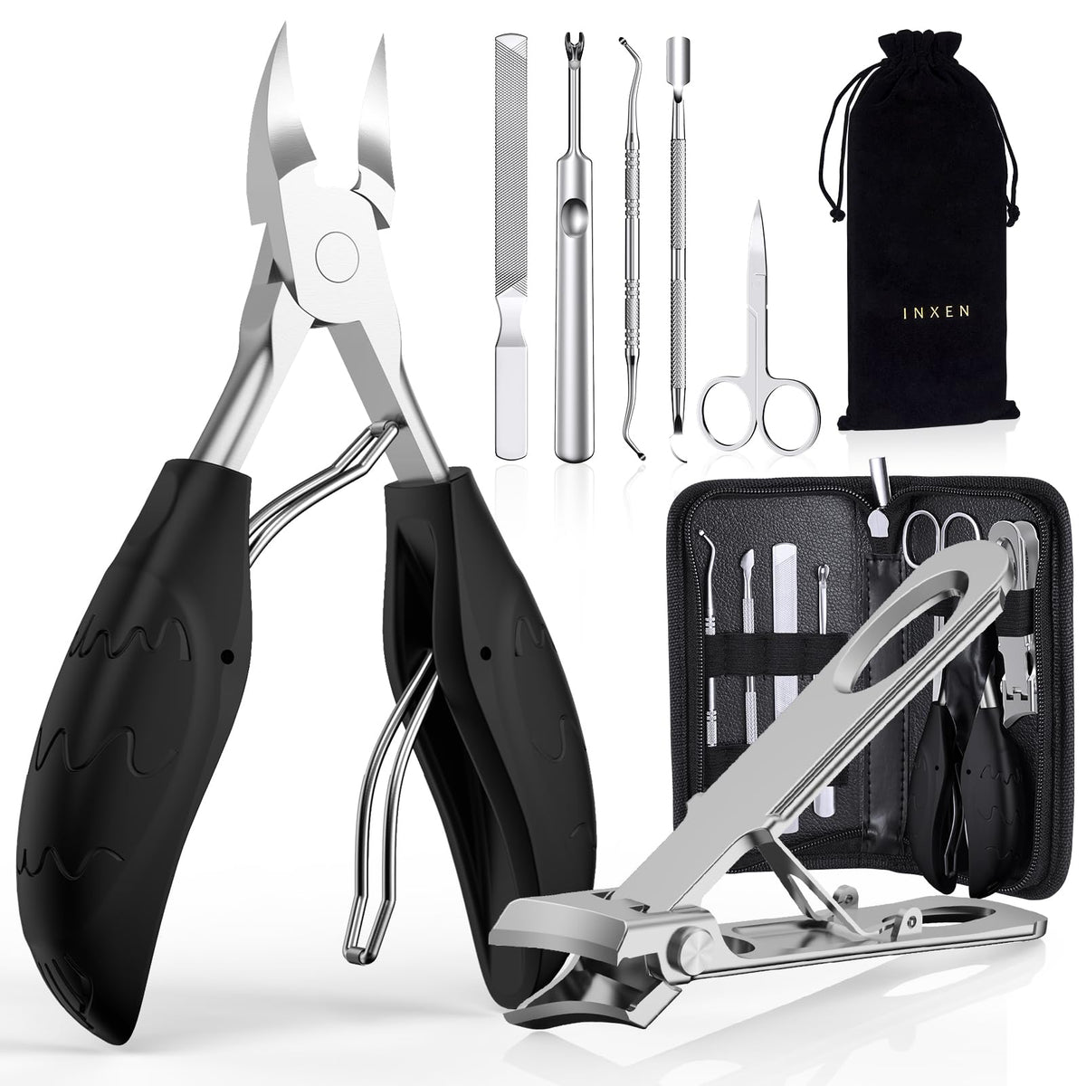Toenail Clippers for Thick Nails for Seniors| INXEN 3-Pack Ergonomic Heavy Duty Angled Head Nail Clippers with Catcher | Premium Steel Wide Opening Fingernail Clippers Nail Cutter for Men & Women