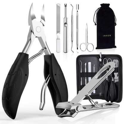 Toenail Clippers for Thick Nails for Seniors| INXEN 3-Pack Ergonomic Heavy Duty Angled Head Nail Clippers with Catcher | Premium Steel Wide Opening Fingernail Clippers Nail Cutter for Men & Women