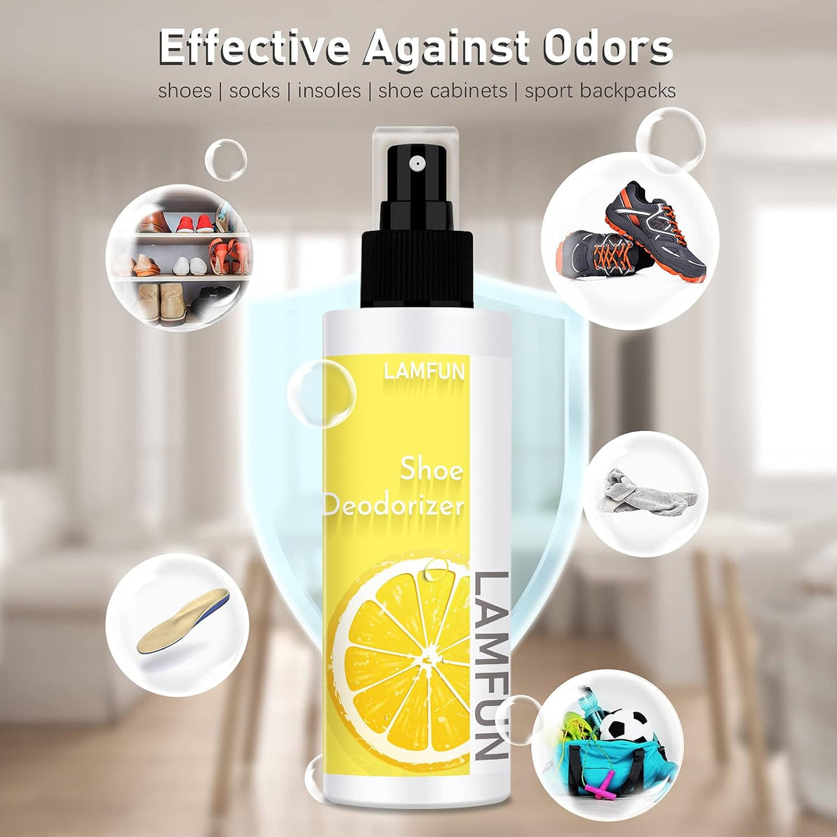 Shoe Deodorizer Spray, Lamfun Natural Odor Eliminator for Smelly Feet, Shoes and Gym Bags, Foot Deodorant Fights Odor, Lemon Fragrance, 150ml