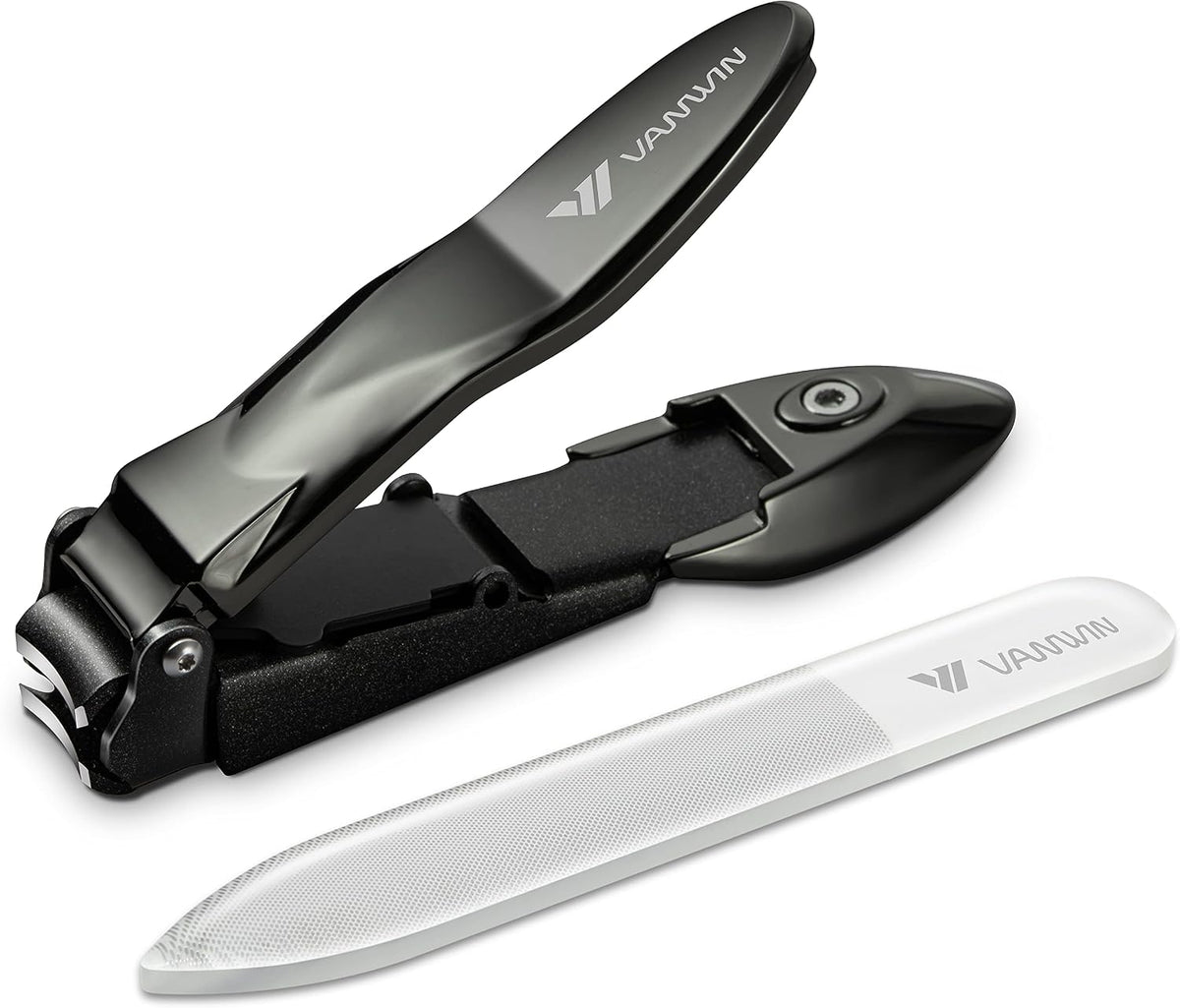 Nail Clippers with Catcher, No Splash Fingernail Toenail Clippers with Sharp Curved Blade and Glass Nail File, Wide Jaw Opening Stainless Steel Nail Cutter Trimmer for Seniors Adult Men Women