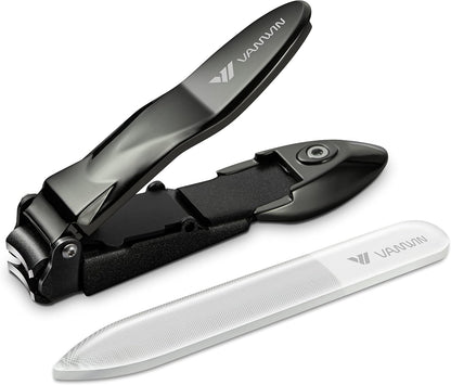 Nail Clippers with Catcher, No Splash Fingernail Toenail Clippers with Sharp Curved Blade and Glass Nail File, Wide Jaw Opening Stainless Steel Nail Cutter Trimmer for Seniors Adult Men Women