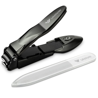 Nail Clippers with Catcher, No Splash Fingernail Toenail Clippers with Sharp Curved Blade and Glass Nail File, Wide Jaw Opening Stainless Steel Nail Cutter Trimmer for Seniors Adult Men Women