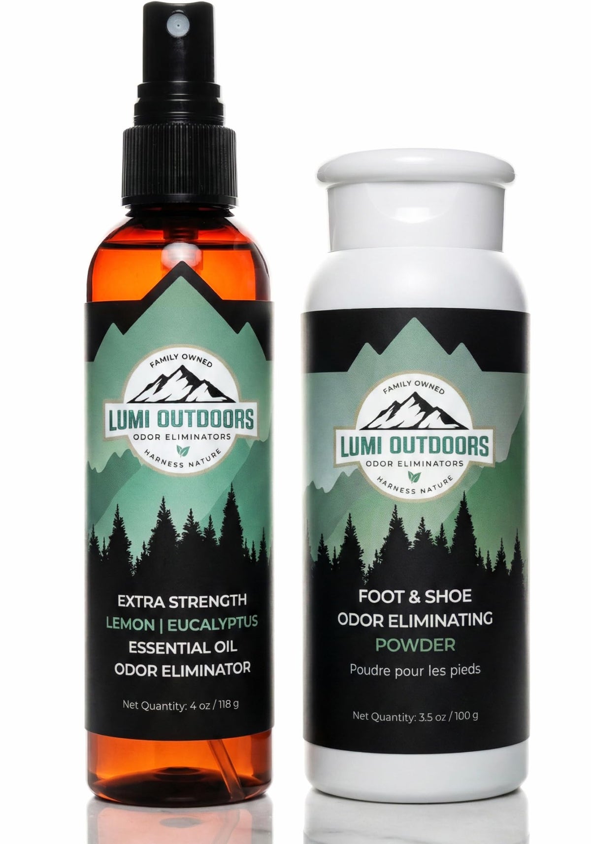 Lumi Outdoors Natural Shoe Deodorizer Spray and Foot Powder Bundle - Lemon Eucalyptus and Foot Powder
