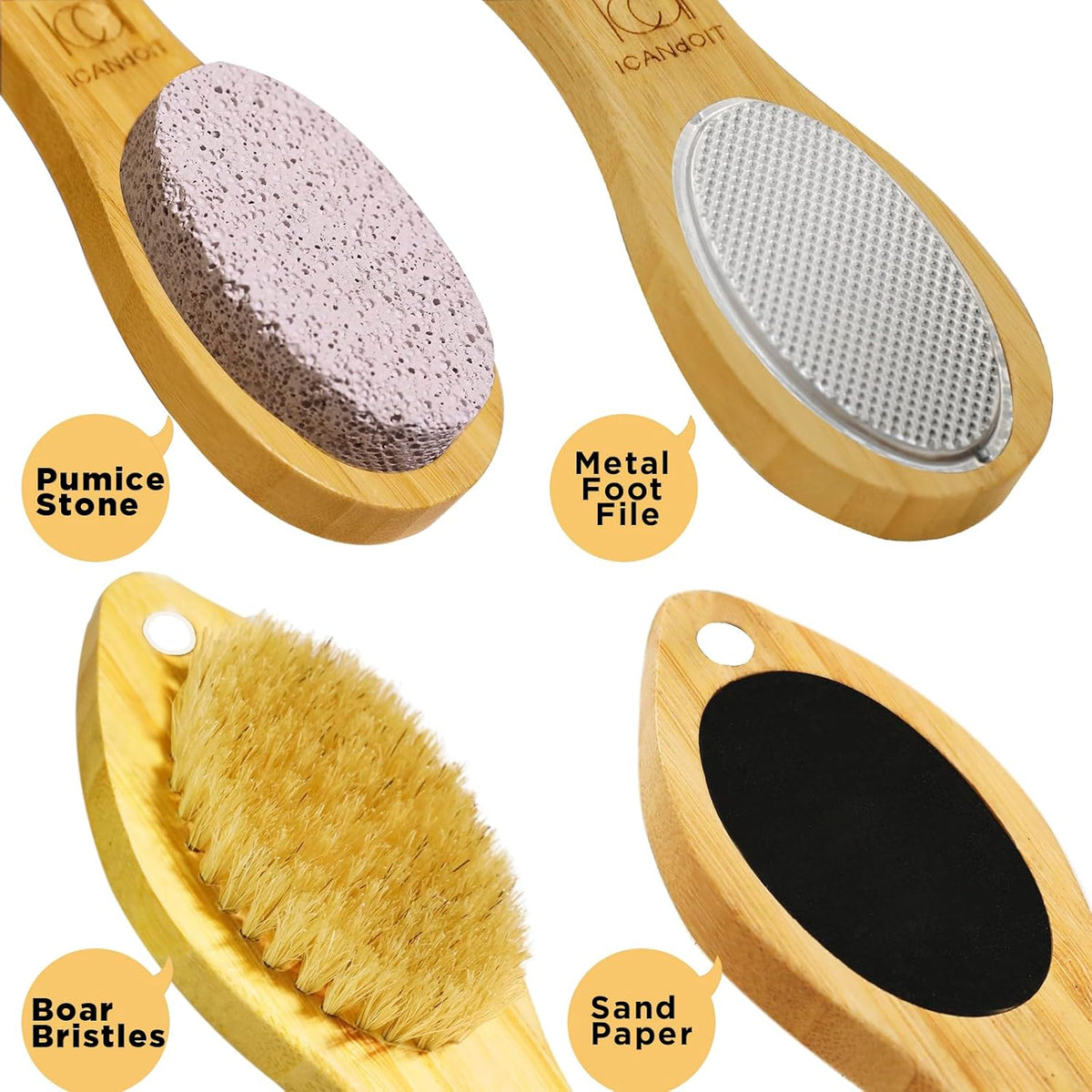 ICANdOIT 4 in 1 Bamboo Foot File Callus Remover Pedicure Scrubber Brush