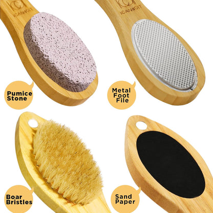 ICANdOIT 4 in 1 Bamboo Foot File Callus Remover Pedicure Scrubber Brush
