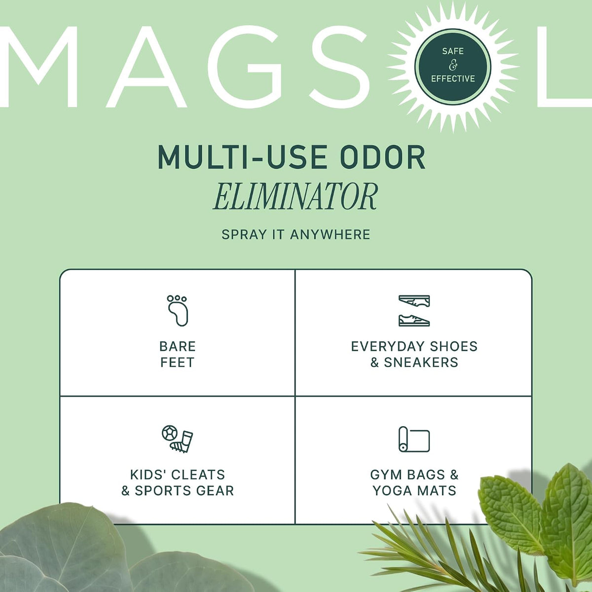 Magsol Natural Shoe Deodorizer & Foot Spray, Peppermint, Tea Tree & Eucalyptus Essential Oil Odor Eliminator for Sneakers, Work Boots & Gym Bags, Fast-Acting Foot Deodorant, 4 Fl Oz