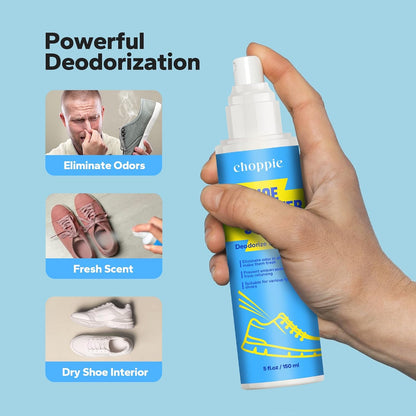 Choppie Shoe Deodorizer Spray (5 Fl Oz), Deodorizer for Destroy Embarrassing Odors, Foot Spray for Smelly Feet, Shoe Smell Eliminator