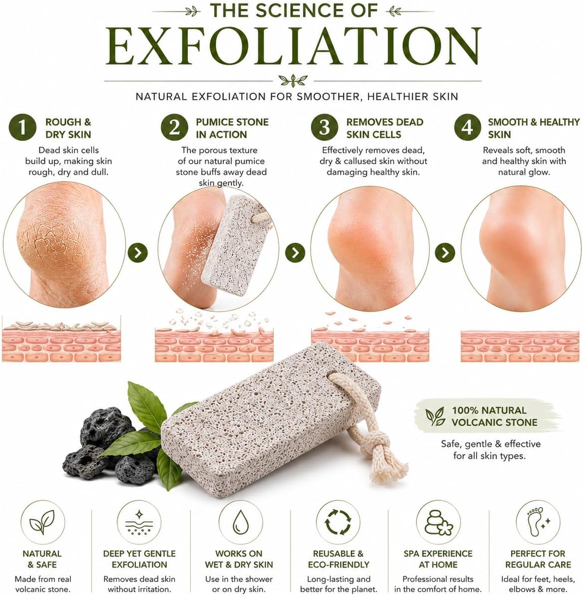 Natural Volcanic Lava Pumice Stone for Feet – Premium Foot File Callus Remover for Soft Heels, Dead Skin Exfoliator & Pedicure Tool with Cotton Hanging Rope (1 Pc)