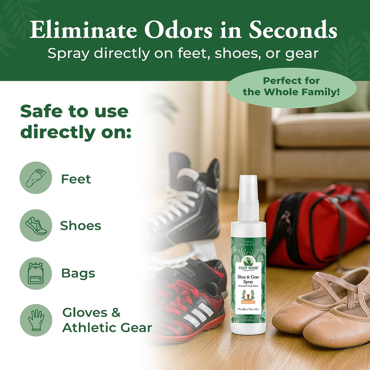 Foot Sense – Shoe Deodorizer & Foot Spray – Natural Foot & Shoe Odor Eliminator for Smelly Feet, Shoes & Sports Gear, Long-Lasting Refreshener for Adults & Kids – 5oz, 2 Pack