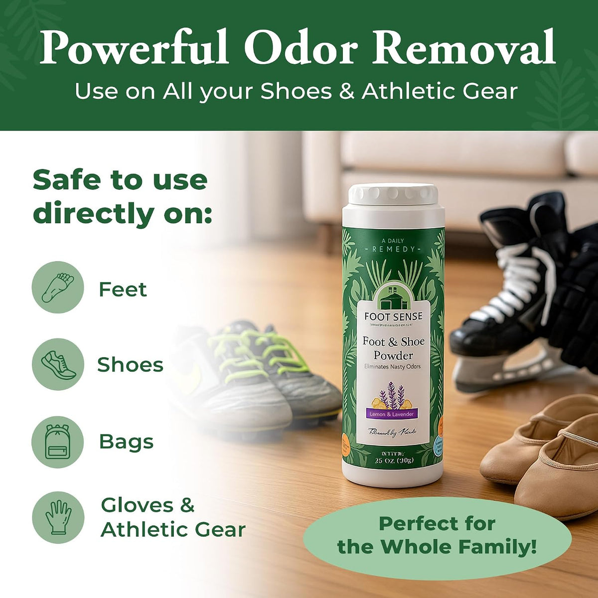 FOOT SENSE All Natural Foot & Shoe Powder, Foot Odor Eliminator for Long-Lasting Odor Control Lasts up to 6 Months, Deodorizes, Safe for Men, Women, Kids, Athletes, 100g