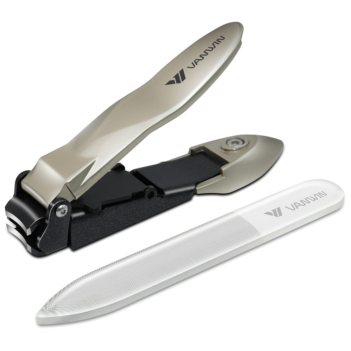 Nail Clippers with Catcher, No Splash Fingernail Toenail Clippers with Sharp Curved Blade and Glass Nail File, Wide Jaw Opening Stainless Steel Nail Cutter Trimmer for Seniors Adult Men Women