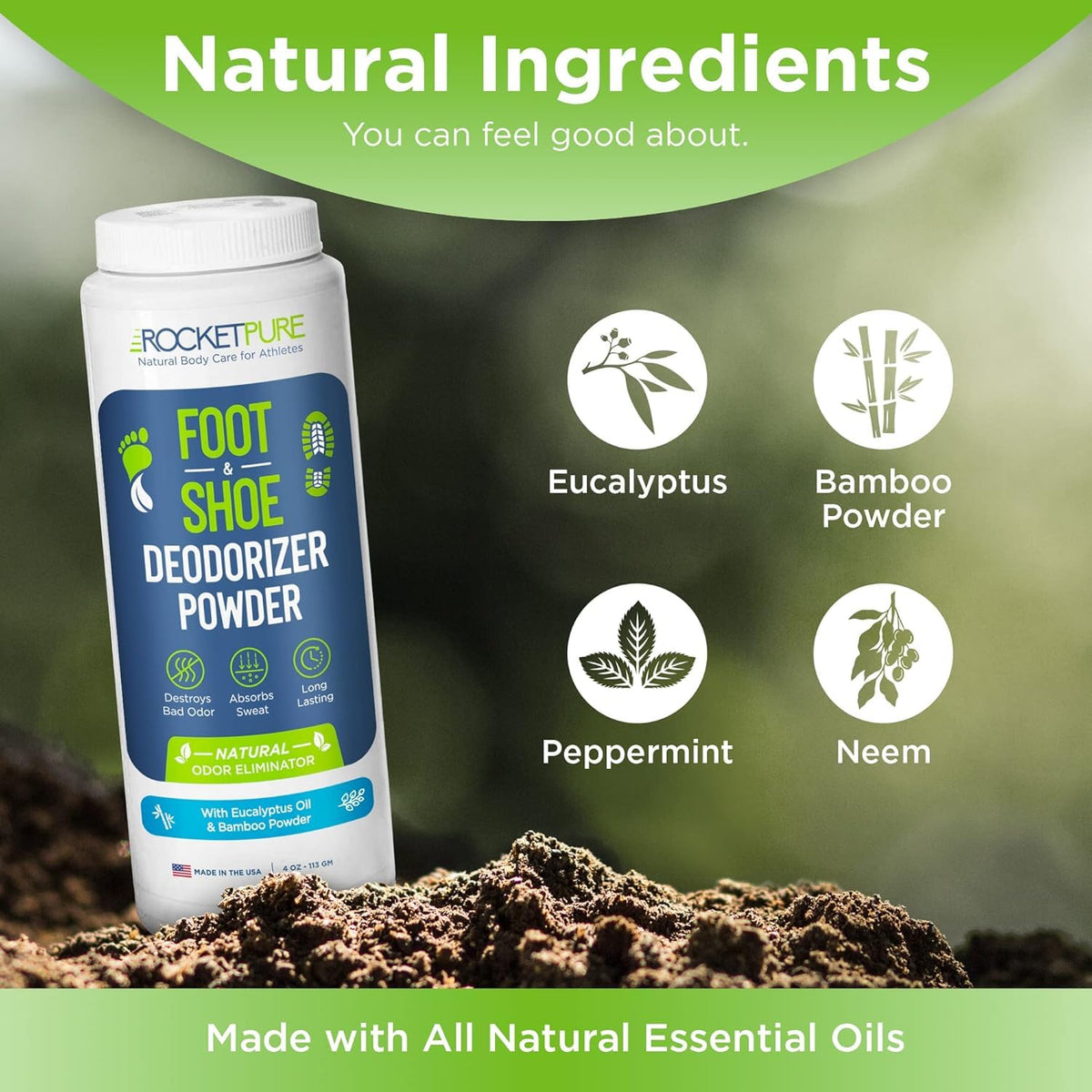 Rocket Pure Natural Foot and Shoe Deodorizer Powder, Eucalyptus, Pack of 2