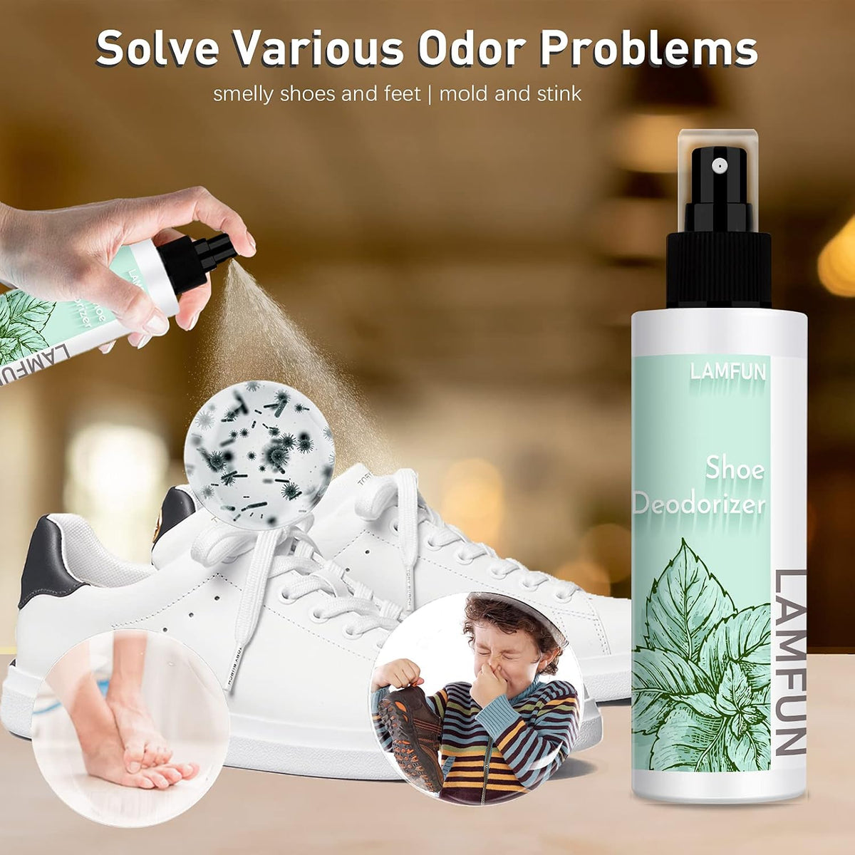 Shoe Odor Eliminator, Natural Shoe Deodorizer Spray for Stinky Sneakers or Smelly Feet, Foot Deodorant Fight All Odors, Peppermint, 150ml