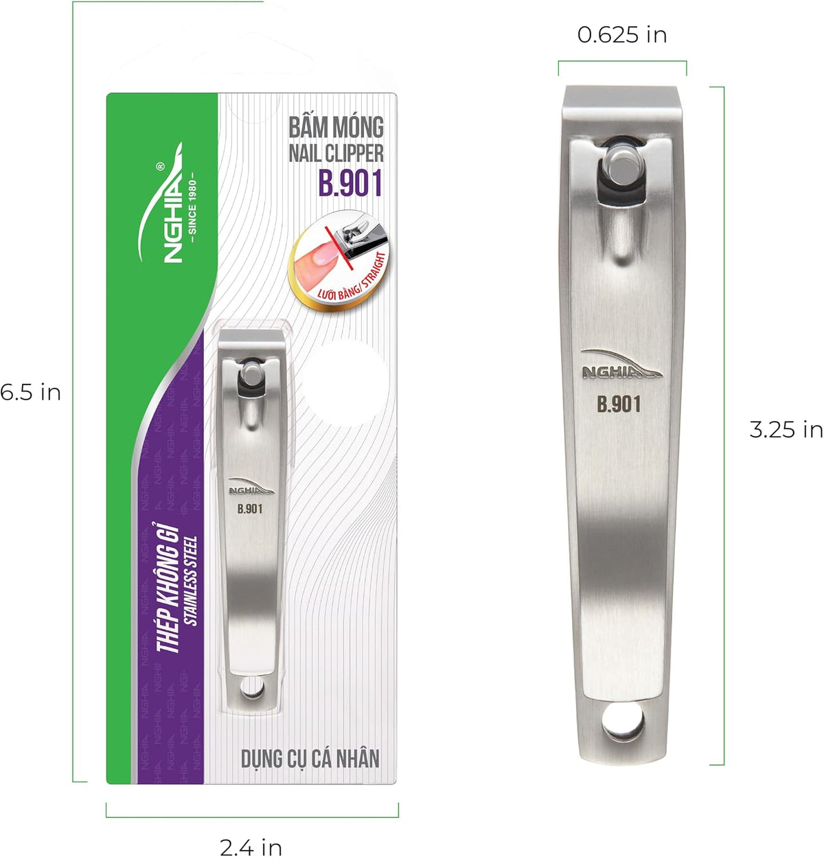 Straight Blade Nail Clipper - B-901 (Stainless Steel) | Large Jaw | Flat Jaw Design | NGHIA