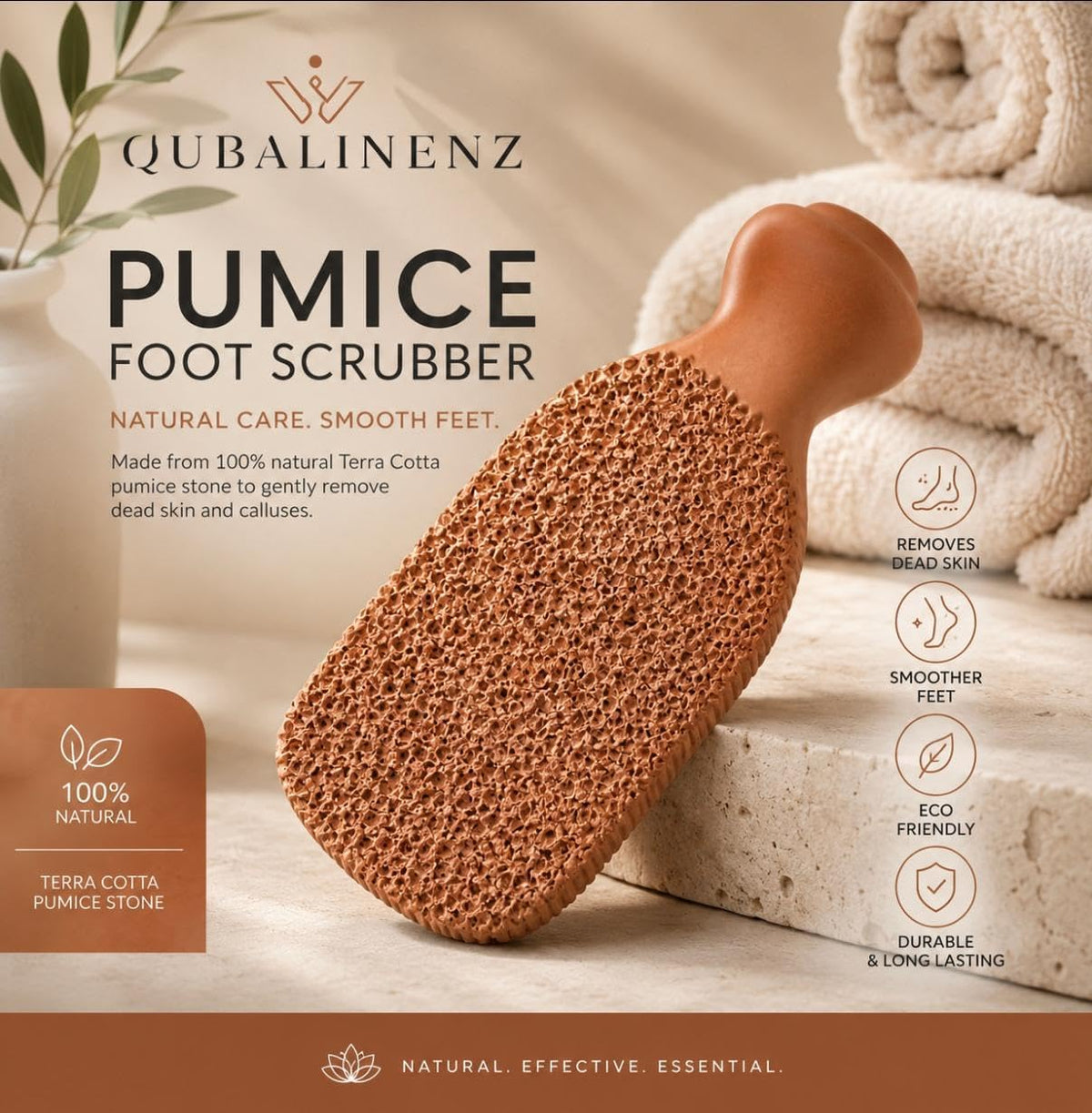 QUBA LINEN Pumice Stone for Feet – 2-Sided Terra Cotta Foot Scrubber, Natural Callus Remover for Dry Skin & Rough Heels, Cracked Heels – Pedicure Exfoliator for Feet Hands Body