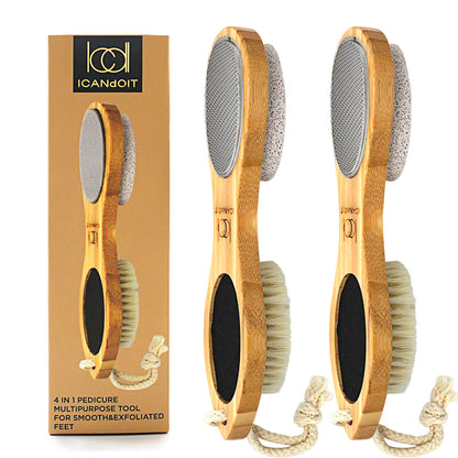 ICANdOIT 4 in 1 Bamboo Foot File Callus Remover Pedicure Scrubber Brush