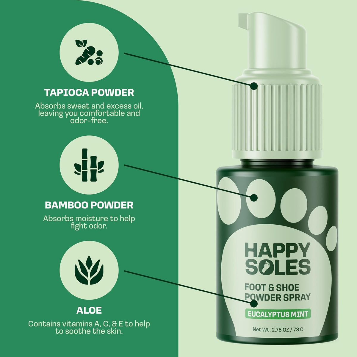 Foot & Shoe Deodorizer Powder Spray - Talc-Free, Vegan, Non-Aerosol Mess-Free Spray - Absorbs Sweat & Fights Odor with Bamboo & Tapioca - Long-Lasting Freshness & Comfort (Eucalyptus Mint)
