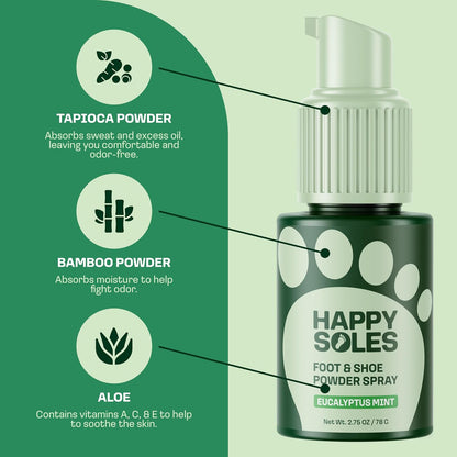 Foot & Shoe Deodorizer Powder Spray - Talc-Free, Vegan, Non-Aerosol Mess-Free Spray - Absorbs Sweat & Fights Odor with Bamboo & Tapioca - Long-Lasting Freshness & Comfort (Eucalyptus Mint)