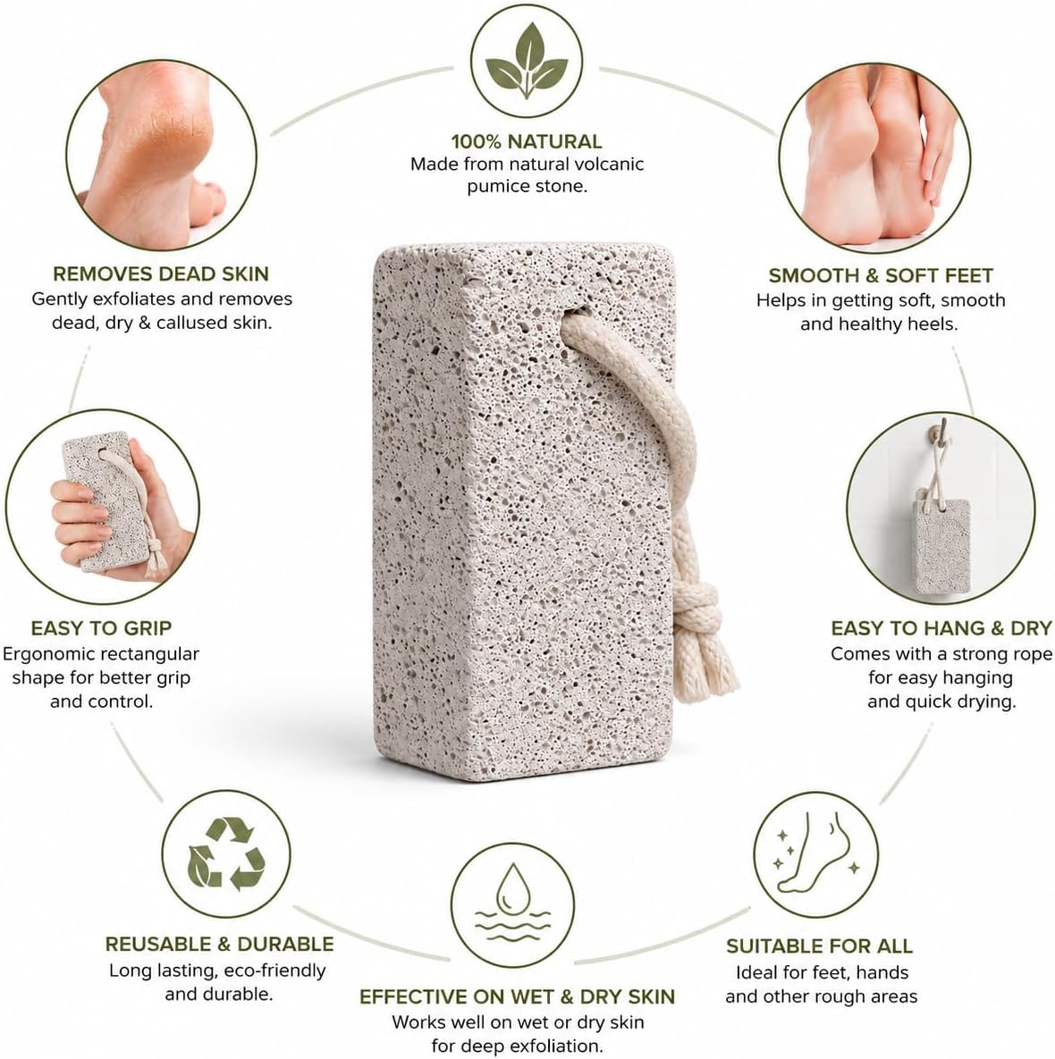 Natural Volcanic Lava Pumice Stone for Feet – Premium Foot File Callus Remover for Soft Heels, Dead Skin Exfoliator & Pedicure Tool with Cotton Hanging Rope (1 Pc)