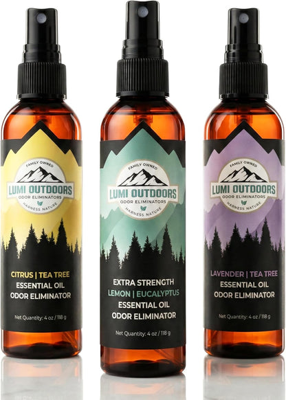 Lumi Outdoors Natural Shoe Deodorizer Spray 3 Pack Bundle - Lemon Eucalyptus, Citrus Tea Tree, Lavender Tea Tree